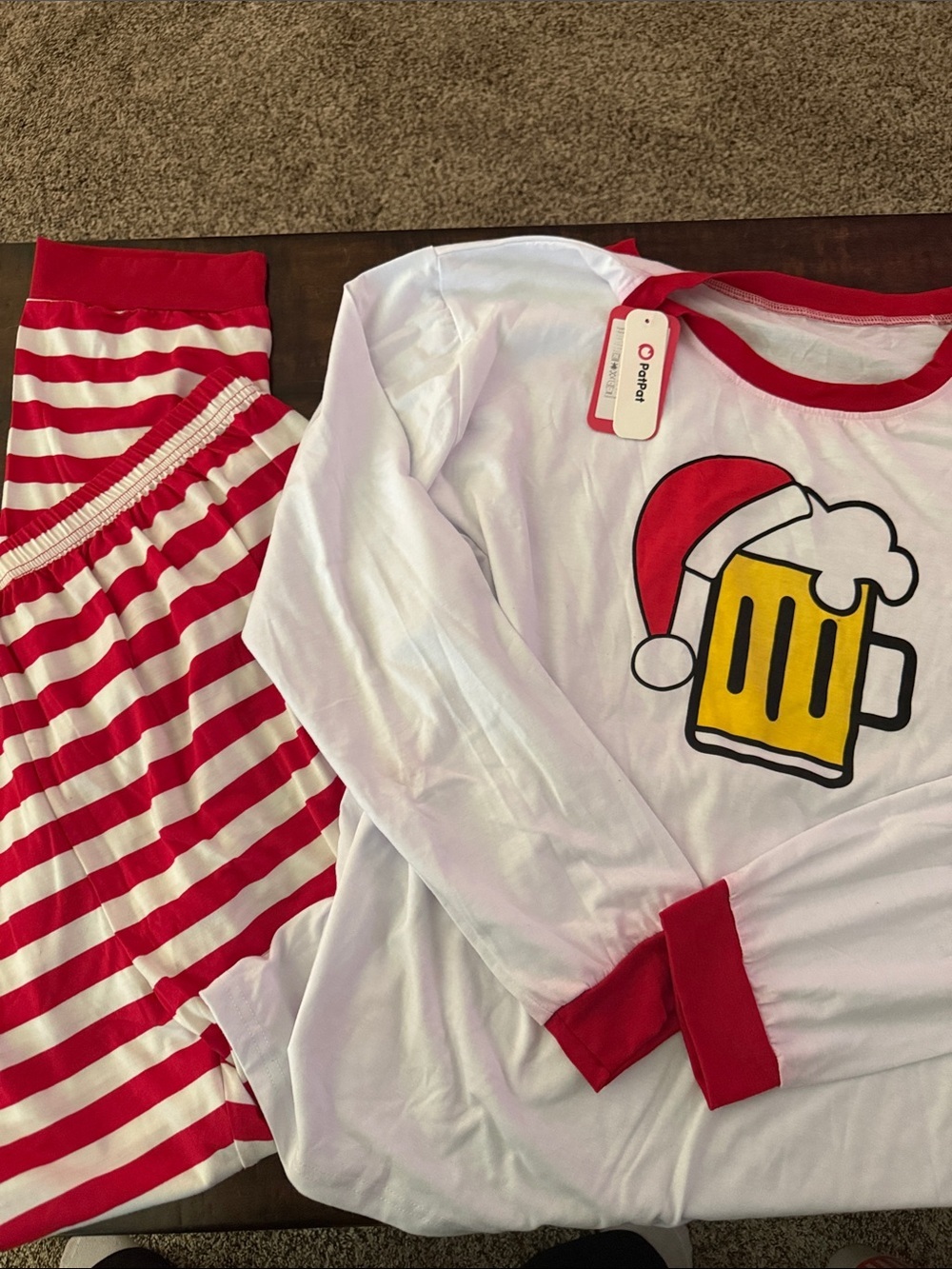 PatPat White & Red Adult Holiday Pajama Set with Beer Mug Graphic